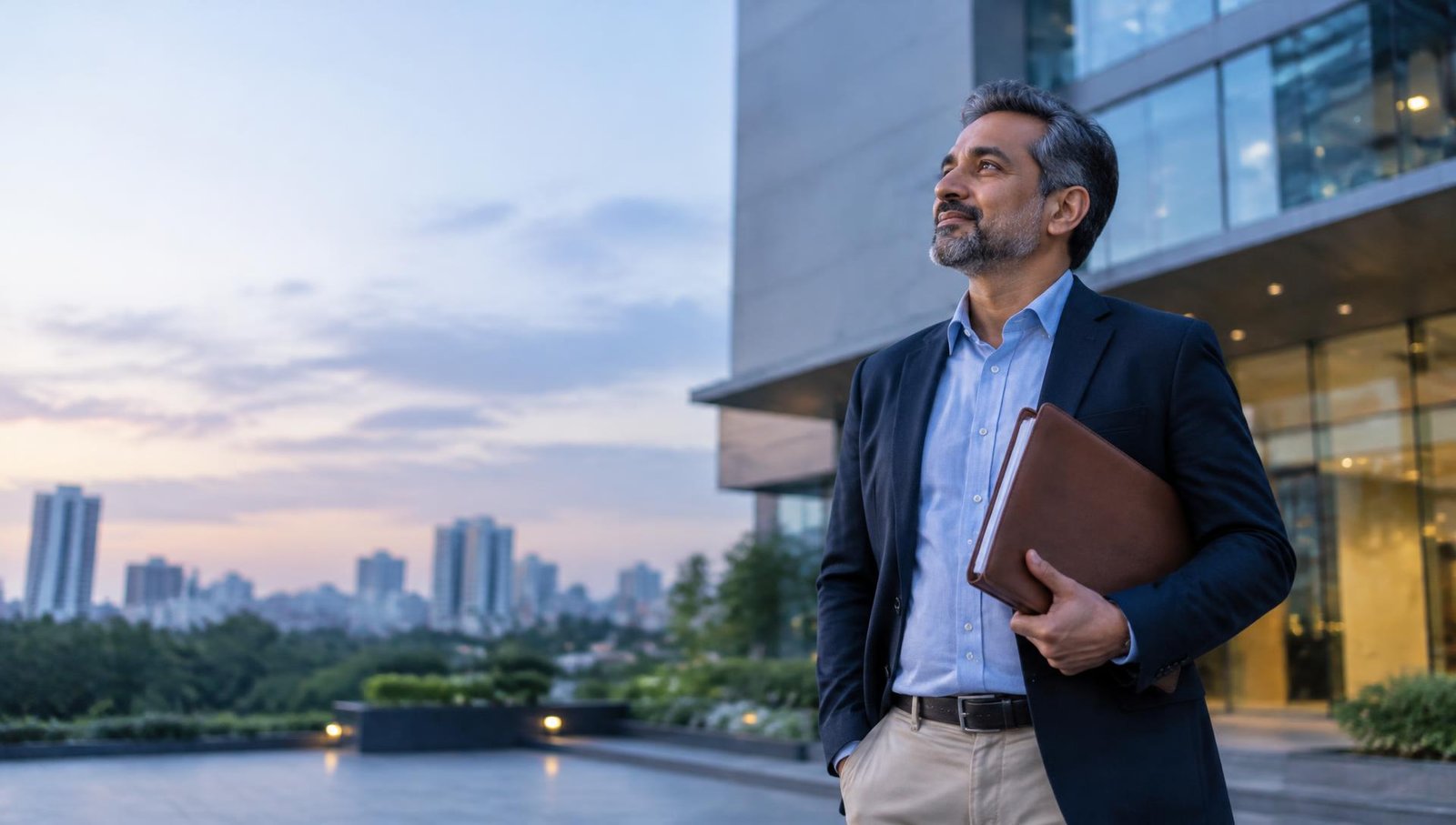 A businessman with property papers outside a commercial building