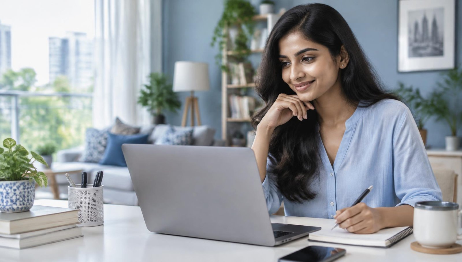 A woman planning her personal budget on a laptop at home
